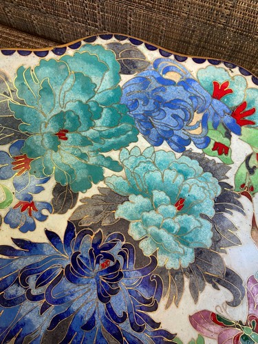 Vintage Painted Brass & Enamel 10" Bowl Flowers and Butterfly Butterflies - Picture 5 of 10