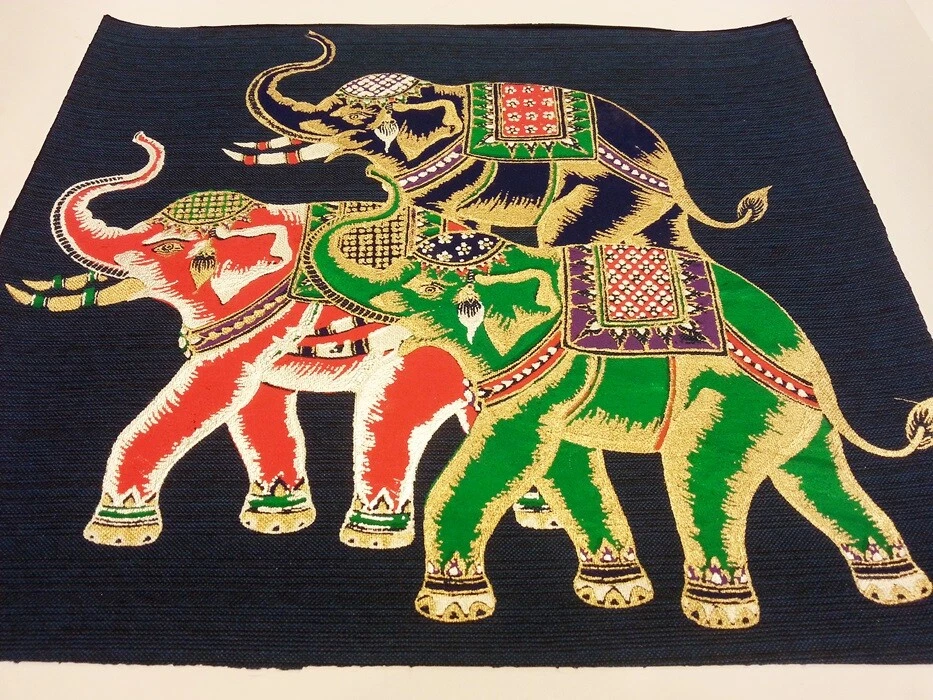 Thai Art Silk Painting Animal Posters Print Colorful 3 Elephant Asian Home Decor - Image 2 of 4