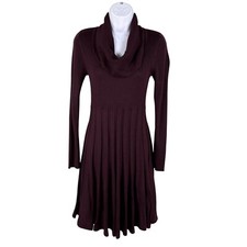 Calvin Klein Womens S Burgundy Ribbed Knit Cowl Neck Fit Flare Pleated Dress