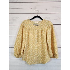 Loft Women's Beige Gold Floral Round Neck Button Front Long Sleeve Blouse Sz XS