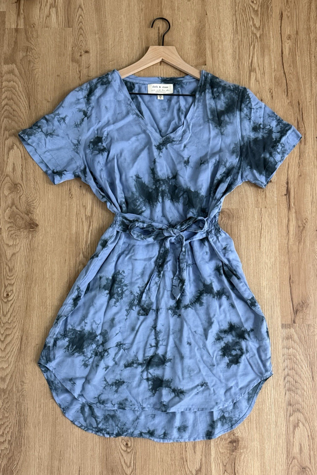 Anthropologie Cloth & Stone Liv Tie-Front Blue Tie Dye Belted Mini Dress Size XL