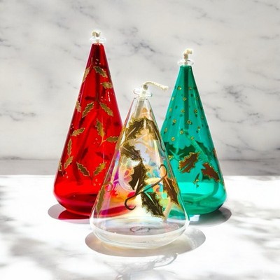Gorham Set of Three Glass Christmas Tree Oil Lamps Hand Painted Brand New In Box