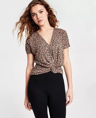 Bar III Cheetah Print V-Neck Twist Front Top NWOT Sz Medium