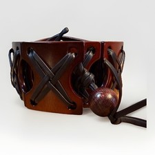 Mid-Century Modern Wood  Leather Lattice Belt Adjustable Boho Vintage