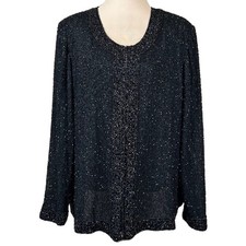 Laurence Kazar Vintage Black Silk Beaded Evening Jacket Size 2X
