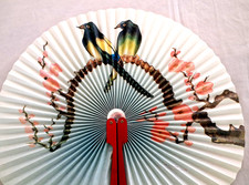 Vintage Asian Folding Hand Fan w/Red Metal Handle 2 Birds Pink Flowers