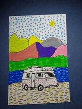 Expressionism Original Painting Rv Camper Landscape 4x6 Mountains Sunset Lake 