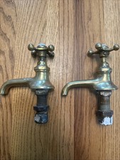 Antique Pair of Brass Separate Hot Cold Farmhouse Sink Faucets w/cross handles