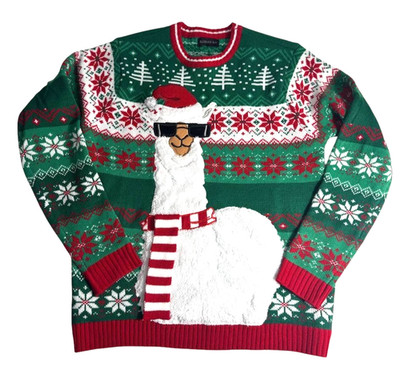 Blizzard Bay Ugly Christmas Sweater Women s Green/Red Llama Knit Pullover