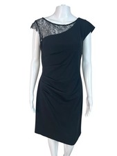 Calvin Klein Dress Sheath Black Lace Ruched Cap Sleeve Lined Cocktail Size 8