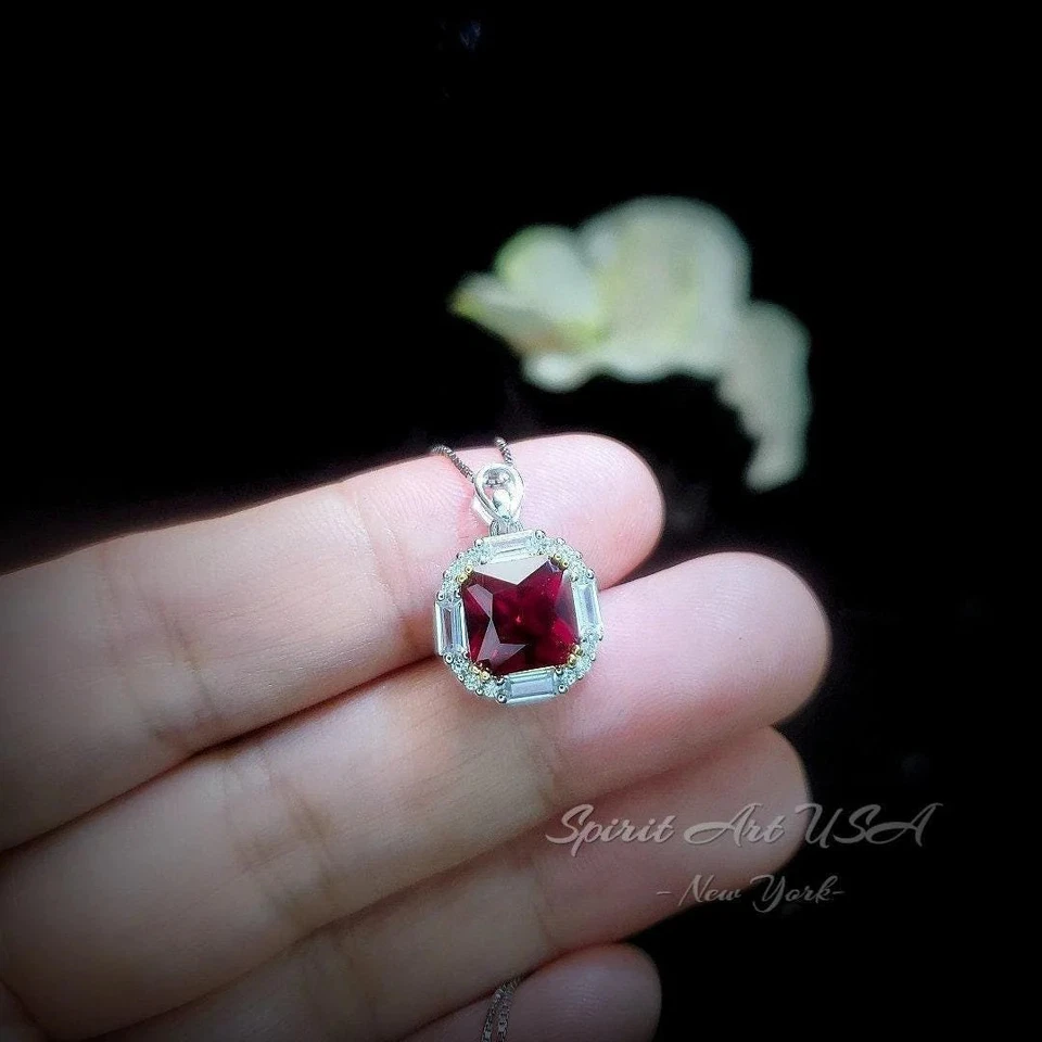 Ruby Necklace - Pigeon Blood Red Ruby Pendant - White gold @ Sterling Silver - - Image 4 of 4