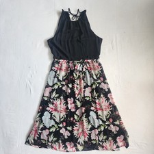 Express Black Floral Tie Waist Dress Womens Size S Halter Neck Whimsigoth Fairy