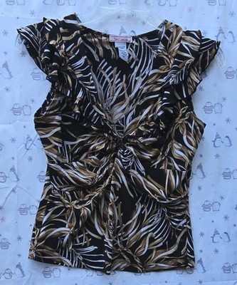 Vol.1 Petite Black, Brown, Print Blouse with Ruffled Sleeves Twisted Front. PM