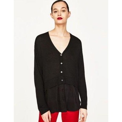 Zara Knit Contrasting V Neck Black Button Down Cashmere Blend Cardigan Sweater S