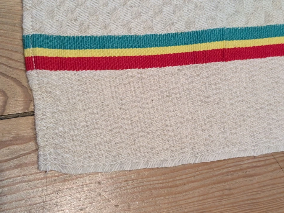 12 torchon ancien en métis ou coton damassé, liteaux rouge jaune et vert vintage - Photo 2/4