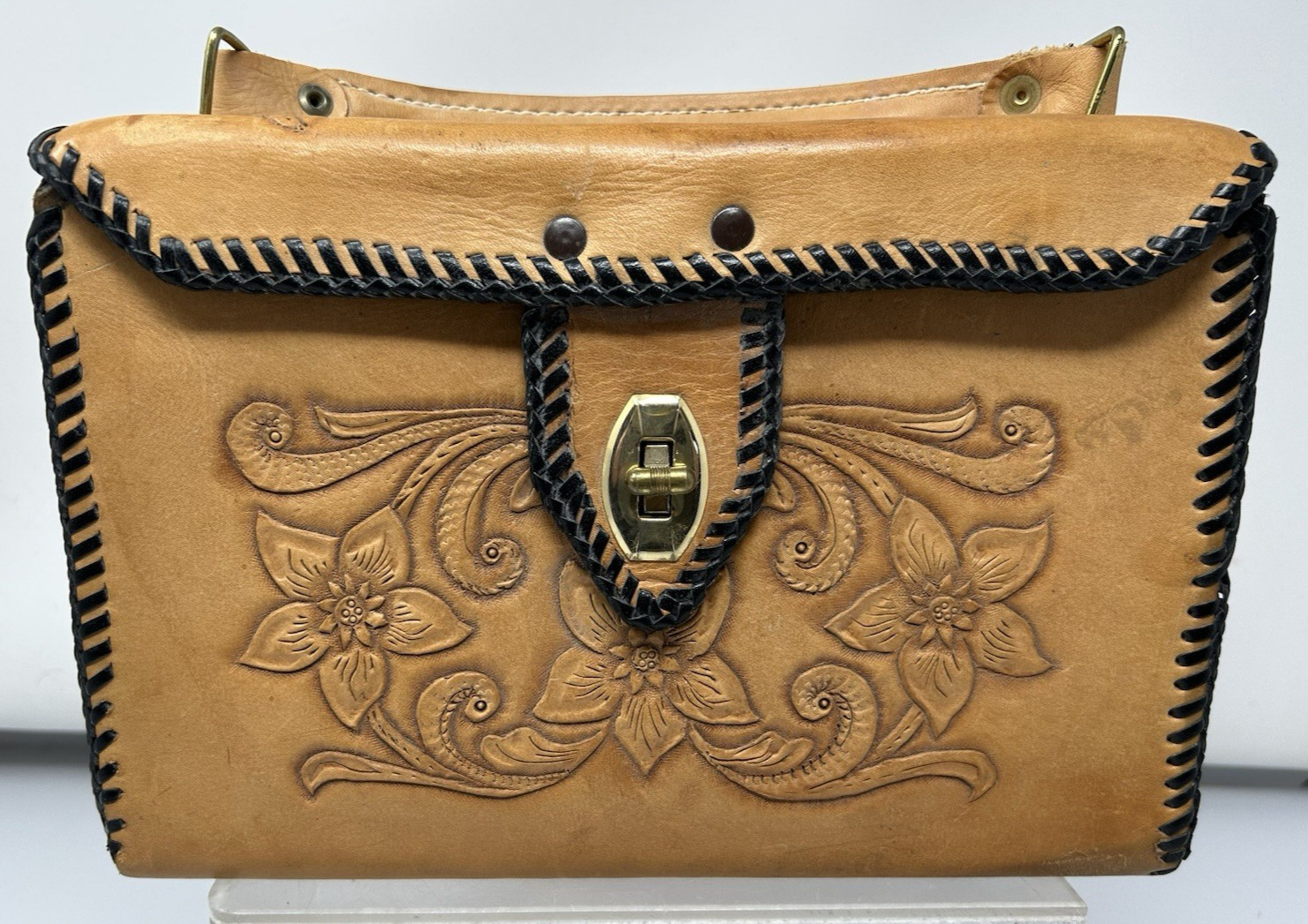 Vintage Hand Tooled Leather Rectangular Hand Purs… - image 1