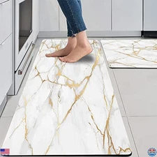 Mrcrypos 2-Piece Gold & White Cushioned Kitchen Rugs - Marble Anti-Fatigue Mats