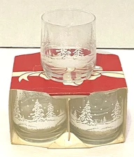 Vtg Libbey Frosty Pine Tree Lowball Seasonal 8 oz Holiday Glasses Set of 4 NOS