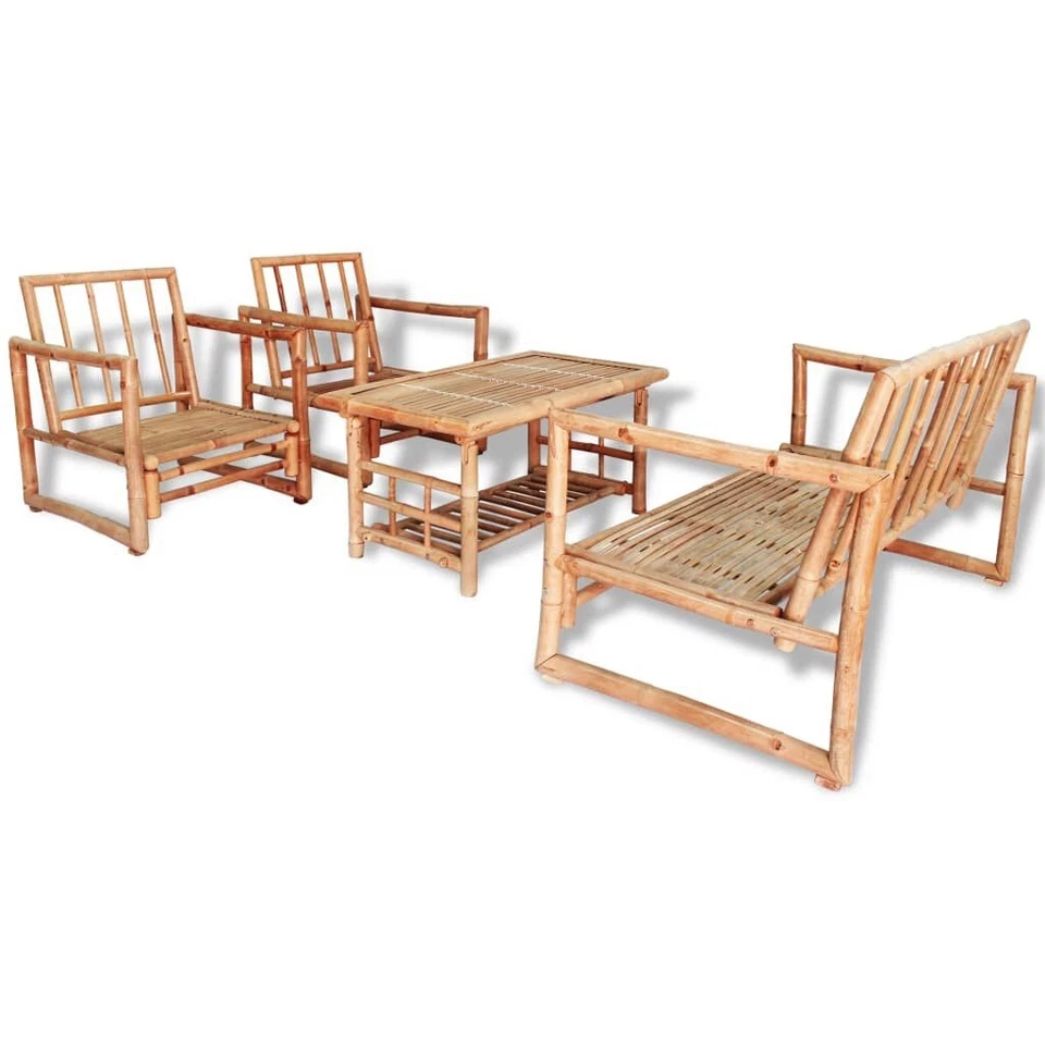 Bambus Gartenmöbel Garten Lounge Set mit Auflagen Braun Creme 4 teilig robust - Bild 2 von 4