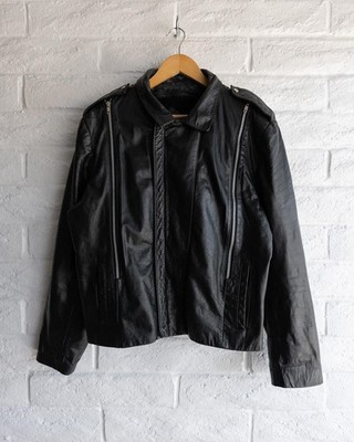 Vintage 1980s Chess King Leather Jacket Black Men's L Vertical Zippers Grunge