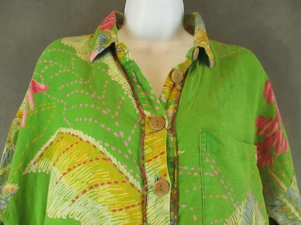 Mameluco Farm Rio Mujer Grande Verde 100% Lino Estampado Tropical Botón Frontal Leer* Foto 2 de 4