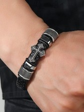 Men's Leather Braided Cross Bracelet Stainless Steel Magnetic Faith Bangle Gift