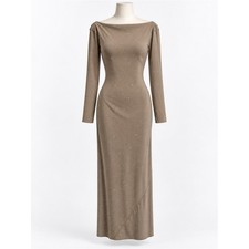 Halston Heritage Rhinestone Jersey Maxi Dress Taupe Long Sleeve Size 4 NWT