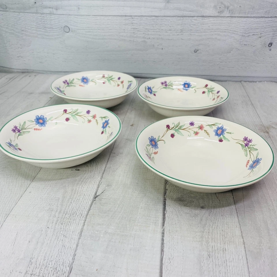 Juego de 4 cuencos de cereal Oneida AVA blanco azul púrpura flores banda verde gres Foto 2 de 4