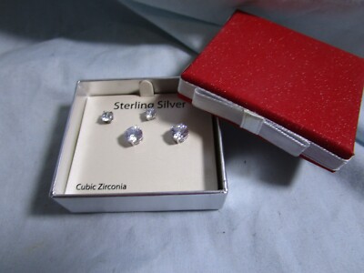 2 Pair Post Earrings Cubic Zirconia-925 Sterling Silver Post-gift box