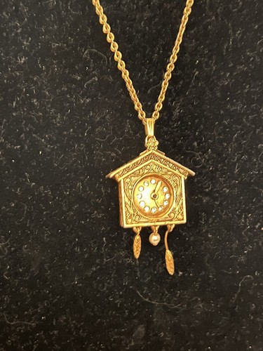 Vanda USA Cuckoo Clock Locket Necklace Solid Perfume kitsch 24”Gold Tone Vintage - Picture 4 of 12