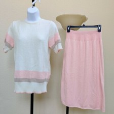 Vivanti Vintage Pink Ivory Knit 2pc Size 8 Skirt Set 1970's