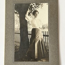 Antique Photograph On Board Beautiful Woman Great Pose Picket Fence Tree