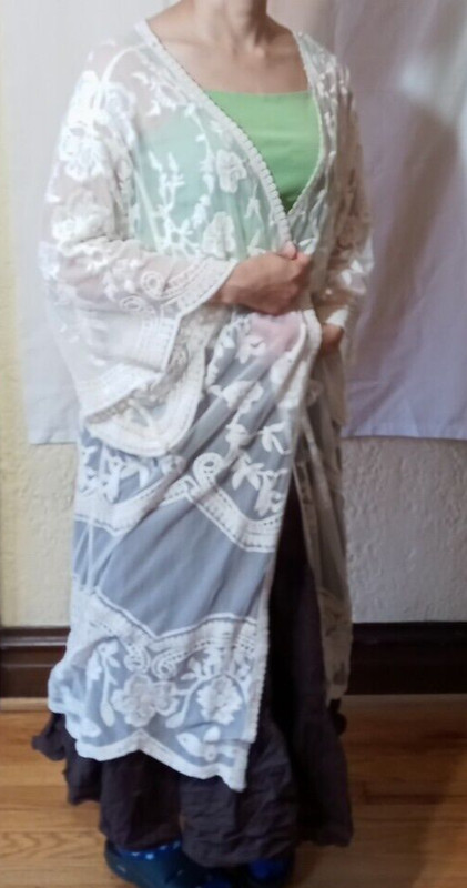 She+Sky size S/M robe kimono lace coverup white sheer layering long bell sleeve