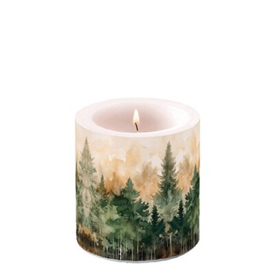 Ambiente Kerze Stumpenkerze Wachswindlicht 9 cm  aquarell Wald / evergreen trees