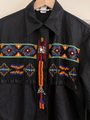 LEW MAGRAM NEW YORK, WOMEN'S 4, BLACK COTTON BEADED FRINGE WESTERN