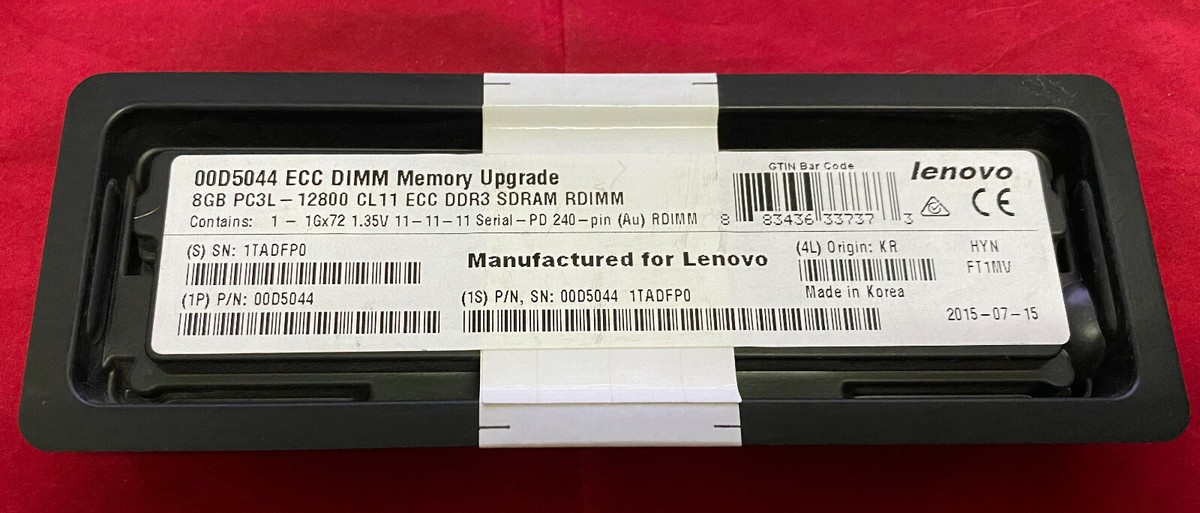New Sealed LENOVO 00d5044 8GB PC3L-12800 DDR3 1600 MHz ECC w/3