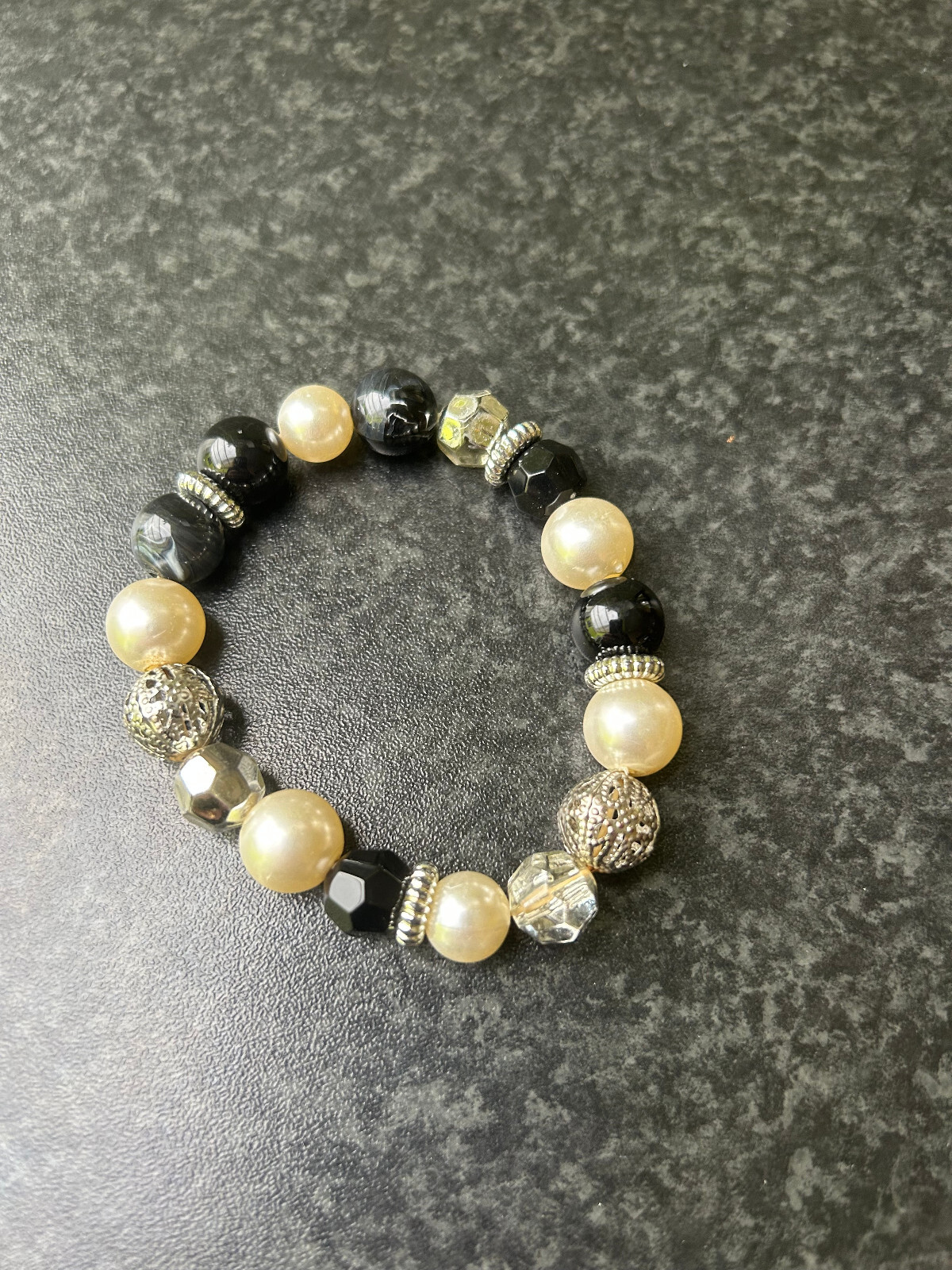 Beaded Expandable Bangle - Black, Pearl Effect and Filigree Silver Effect Beads