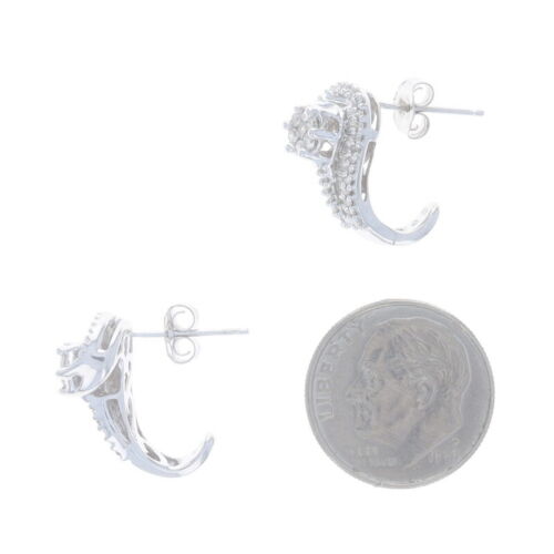 White Gold Diamond Cluster J-Hook Earrings 10k Rd & Baguette .50ctw Floral Swirl - Picture 3 of 7