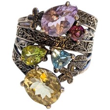 Vtg Sterling Silver 925 PZ Israel Multicolor Gemstone Ring Floral Three Band Sz9