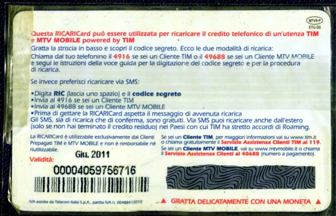 SCHEDA RICARICA NUOVA IN BLISTER TIM DA OGGI MTV (MTV5-P) SC GIU