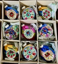 9 LARGE Shiny Brite Christmas Ornaments Radko 5 Teardrop 4 Rounds Indents Bright