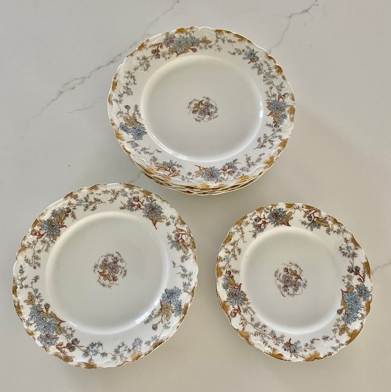 Beautiful Antique Blue Chrysanthemums Haviland Limoges France 8 Pc. Plate Set
