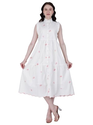 White Floral-Embroidered 100% Cotton Dress With Pockets Women Dress Midi  Top | eBay