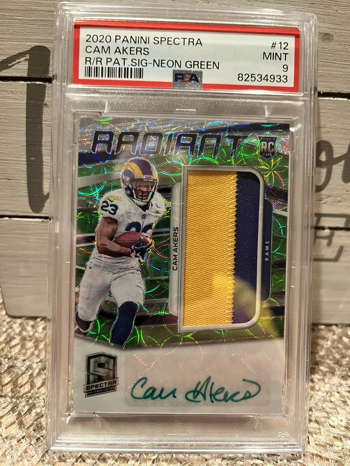 Cam Akers Panini Spectra Radiant Rookie Patch Signatures #12 Neon Green