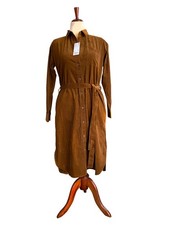 Uniqlo S Brown Corduroy Shirt Dress 100% Cotton Long Sleeve Belt Tie Button Up