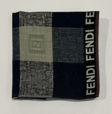 FENDI Handkerchief Men Blue Cotton Art Logo Plaid Plain Pocket Square 17.5  