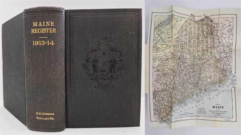 1913 antique MAINE BUSINESS DIRECTORY w FOLDOUT MAP history ads genealogy