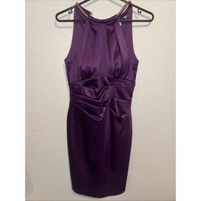 Eliza J Purple Dress Size 4 Satin Halter Gold Metal Collar Ruched Cocktail Party