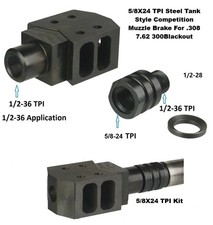 5/8X24 TPI Steel Tank Style Competition Muzzle Brake For .308 7.62