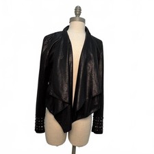 INC Black Metallic Draped Open-Front Jacket with Studded Cuffs, Size Small